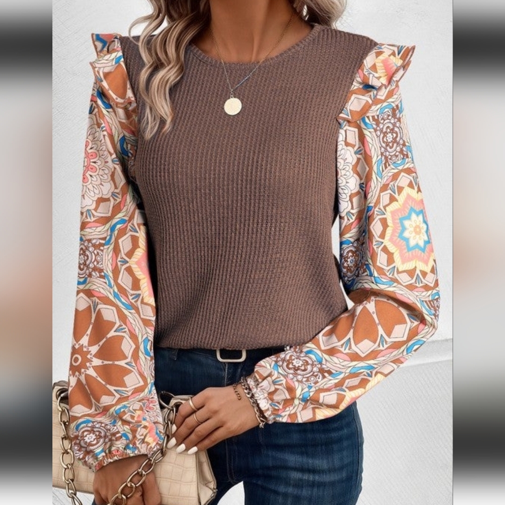 Apple Blvd Brown Top with Colorful Patterned Sleeves
